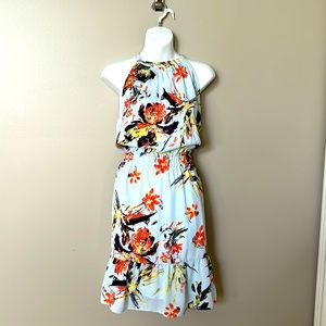 Dex Floral dress light blue and orange and black/navy